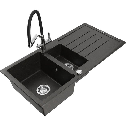 Granitsænke 1,5-kammer Mexen Andres med afløbsplade og Duo køkkenarmatur, sort/guldmetallic, 1 sæt