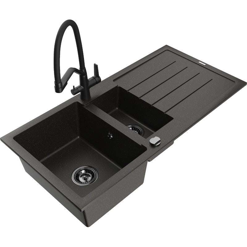 Granitsænke 1,5-kammers Mexen Andres med afløbsplade og Duo køkkenarmatur i sort/guld metalik, 1 sæt