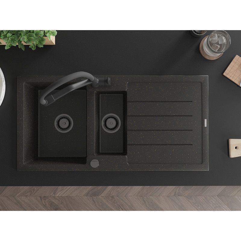 Granitsænke 1,5-kammers Mexen Andres med afløbsplade og Duo køkkenarmatur i sort/guld metalik, 1 sæt
