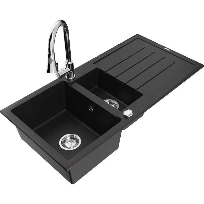 Granitsænke 1,5-kammer Mexen Andres med afløbsplade og Elia køkkenarmatur i sort, 1 sæt