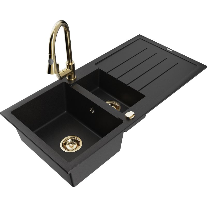 Granitsænke 1,5-kammer Mexen Andres med afløbsplade og Elia køkkenarmatur i sort, 1 sæt