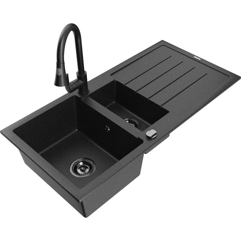 Granitsænke Mexen Andres 1,5-kammer med afløbsplade og Elia køkkenarmatur i sort/sølv, 1 sæt