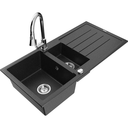 Granitsænke 1,5-kammer Mexen Andres med afløbsrende og Elia køkkenarmatur i sort/sølvmetallic, 1 sæt