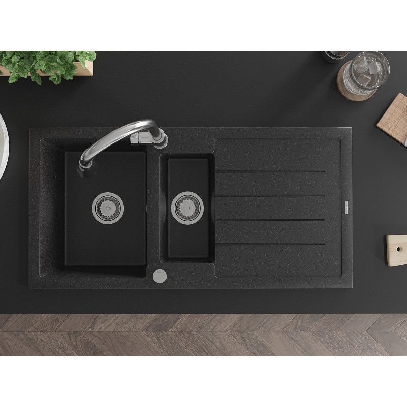 Granitsænke 1,5-kammer Mexen Andres med afløbsrende og Elia køkkenarmatur i sort/sølvmetallic, 1 sæt