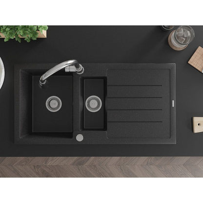 Granitsænke 1,5-kammer Mexen Andres med afløbsrende og Elia køkkenarmatur i sort/sølvmetallic, 1 sæt