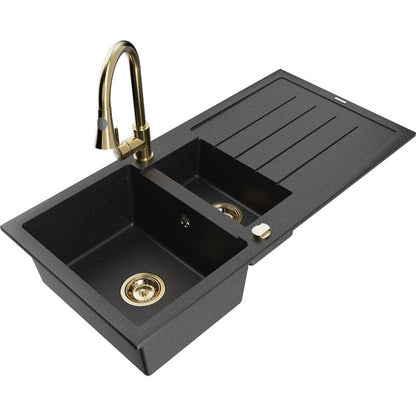 Granitsænke Mexen Andres 1,5-kammer med afløbsplade og Elia køkkenarmatur i sort/sølvmetallic, 1 sæt
