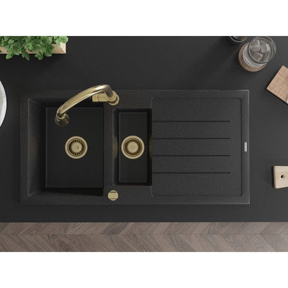 Granitsænke Mexen Andres 1,5-kammer med afløbsplade og Elia køkkenarmatur i sort/sølvmetallic, 1 sæt