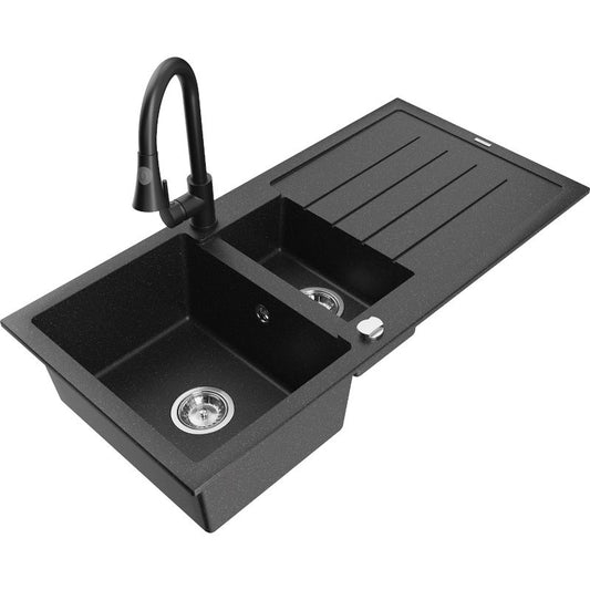 Mexen Andres granitvask 1,5-kammers med afløbsbakke og Elia køkkenarmatur i sort/sølvmetallic, 1 sæt