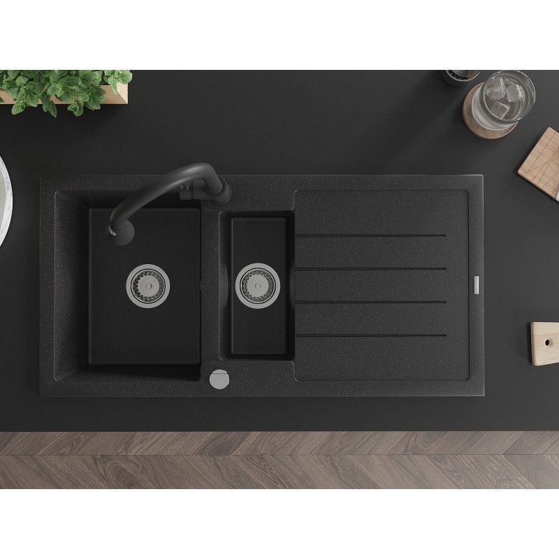 Mexen Andres granitvask 1,5-kammers med afløbsbakke og Elia køkkenarmatur i sort/sølvmetallic, 1 sæt