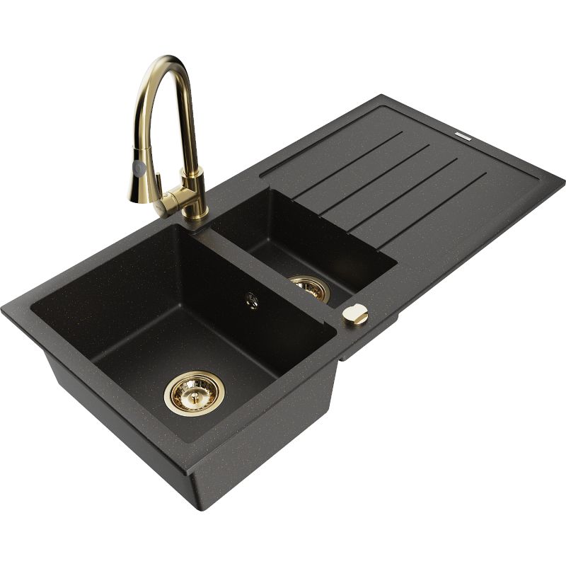 Granitsænke 1,5-kammers Mexen Andres med afløbsplade og Elia køkkenarmatur i sort/guld metalik, 1 sæt