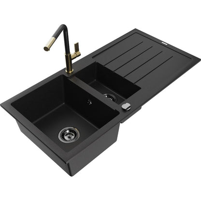Mexen Andres granitvask 1,5-kammer med afløbsplade og Flora køkkenarmatur i sort, 1 sæt