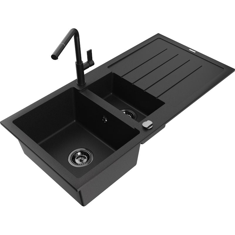 Granitsænke Mexen Andres 1,5-kammer med afløb og Flora køkkenarmatur i sort, 1 sæt