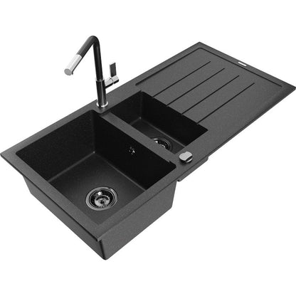 Granitsænke 1,5-kammer Mexen Andres med afløbsplade og Flora køkkenarmatur i sort/sølv, 1 sæt