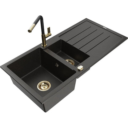 Granitsænke 1,5-kammer Mexen Andres med afløbsplade og Flora køkkenarmatur, sort/guld, 1 sæt