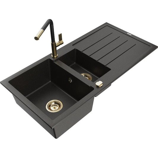Granitsænke 1,5-kammer Mexen Andres med afløbsplade og Flora køkkenarmatur, sort/guld, 1 sæt
