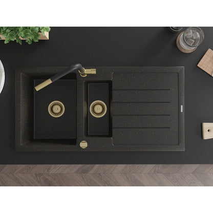Granitsænke 1,5-kammer Mexen Andres med afløbsplade og Flora køkkenarmatur, sort/guld, 1 sæt