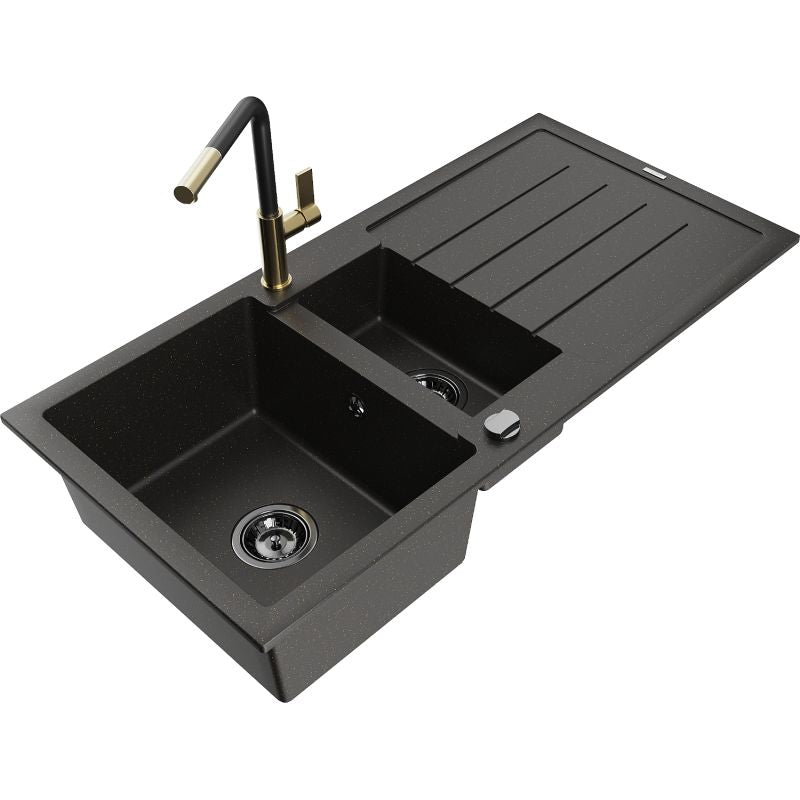 Mexen Andres granitvask 1,5-kammer med afløbsbakke og Flora køkkenarmatur i sort/guld, 1 sæt