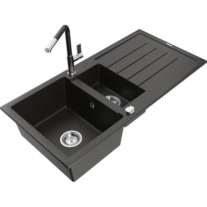 Granitsænke 1,5-kammer Mexen Andres med afløbsplade og Flora køkkenarmatur i sort/guld-metallic, 1 sæt