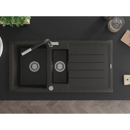 Granitsænke 1,5-kammer Mexen Andres med afløbsplade og Flora køkkenarmatur i sort/guld-metallic, 1 sæt
