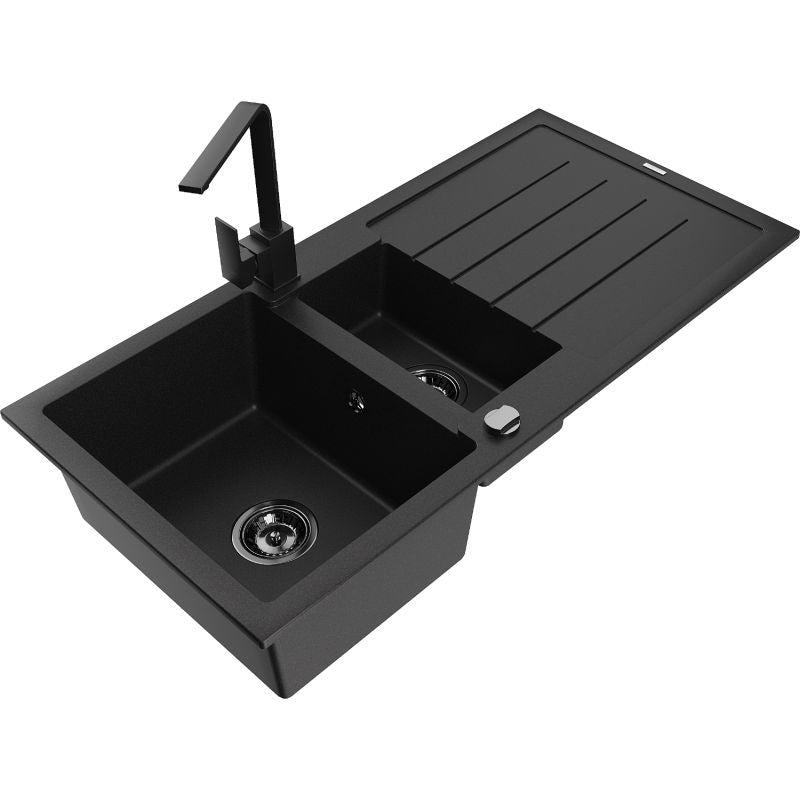 Granitsænke 1,5-kammers Mexen Andres med afløbsplade og køkkenarmatur Rita i sort, 1 sæt