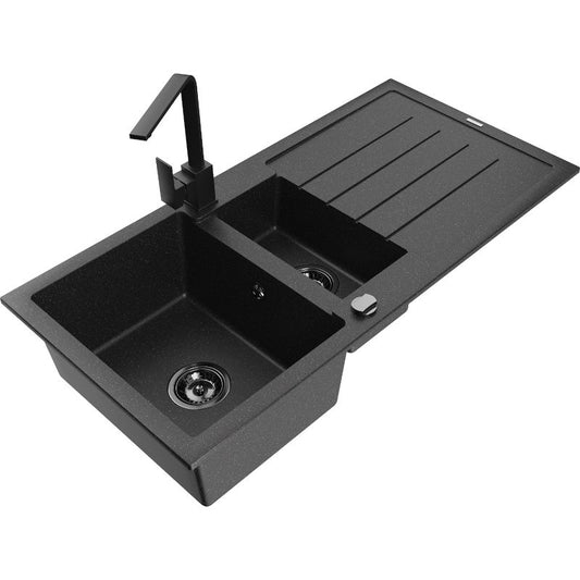 Mexen Andres granitvask 1,5-kammers med afløb og Rita køkkenarmatur i sort/sølv, 1 sæt