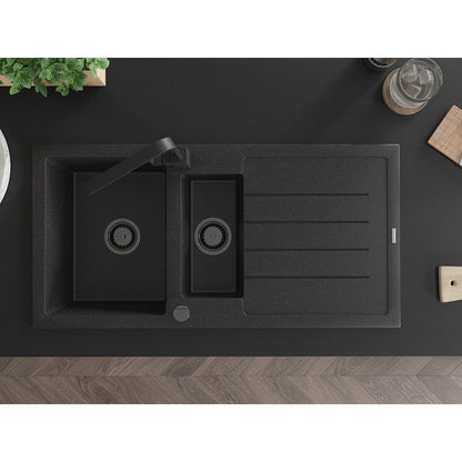 Mexen Andres granitvask 1,5-kammers med afløb og Rita køkkenarmatur i sort/sølv, 1 sæt