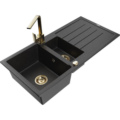 Granitsænke Mexen Andres 1,5-kammer med afløbsplade og køkkenarmatur Rita i sort/sølvmetallic, 1 sæt
