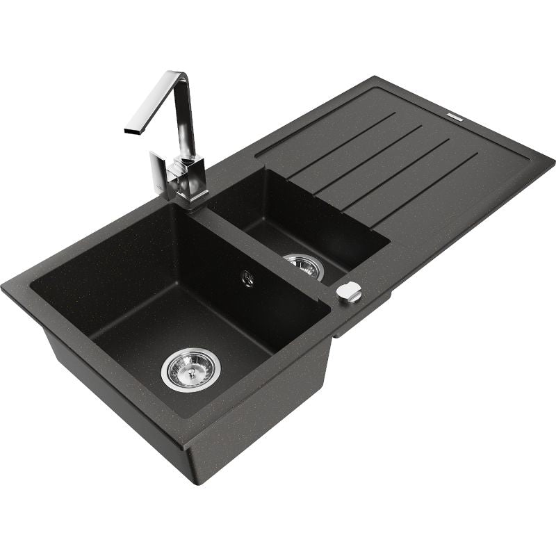 Granitsink 1,5-kammers Mexen Andres med afløbsplade og køkkenarmatur Rita i sort/guldmetallic, 1 sæt