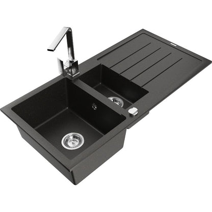 Granitsink 1,5-kammers Mexen Andres med afløbsplade og køkkenarmatur Rita i sort/guldmetallic, 1 sæt