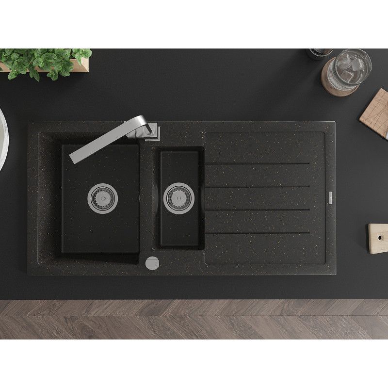 Granitsink 1,5-kammers Mexen Andres med afløbsplade og køkkenarmatur Rita i sort/guldmetallic, 1 sæt