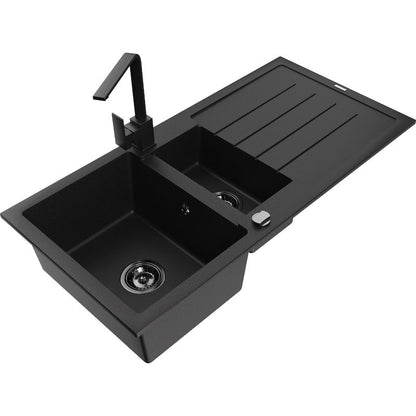 Granitsænke 1,5-kammers Mexen Andres med afløbsplade og køkkenarmatur Rita i sort/guld metalik, 1 sæt
