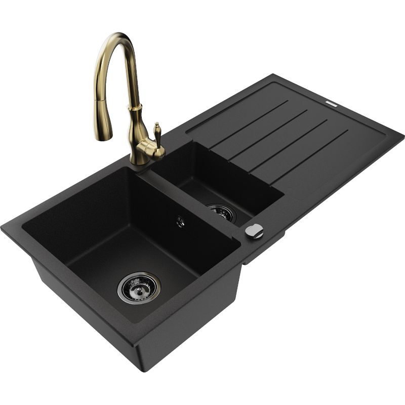 Granitsænke Mexen Andres 1,5-kammer med afløbsplade og Savita køkkenarmatur i sort, 1 sæt