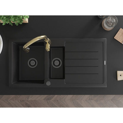 Granitsænke Mexen Andres 1,5-kammer med afløbsplade og Savita køkkenarmatur i sort, 1 sæt