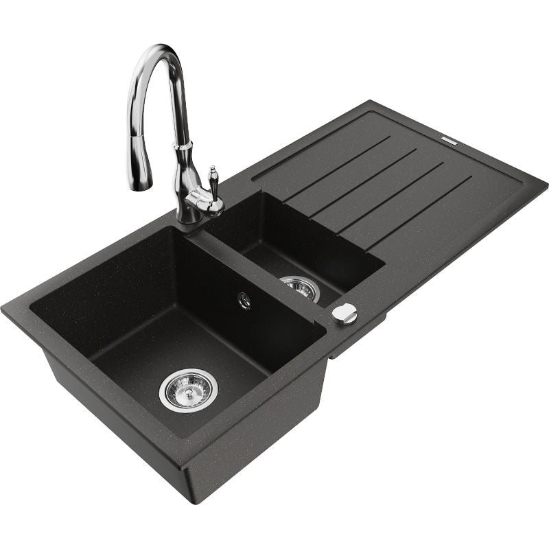 Granitsæbe 1,5-kammers Mexen Andres med afløbsbakke og Savita køkkenarmatur i sort/guld metalik, 1 sæt