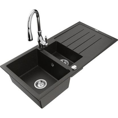 Granitsæbe 1,5-kammers Mexen Andres med afløbsbakke og Savita køkkenarmatur i sort/guld metalik, 1 sæt