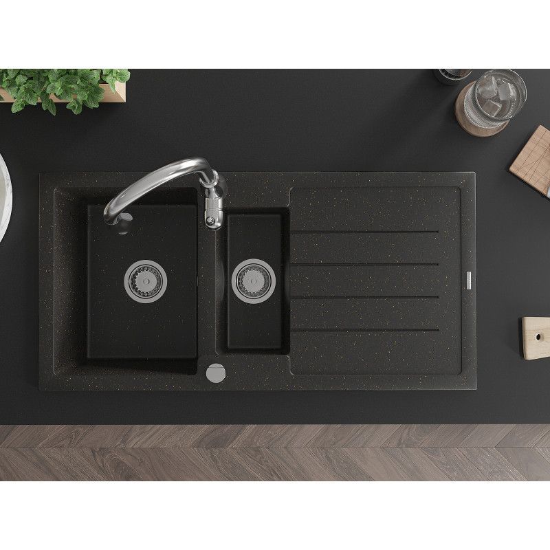 Granitsæbe 1,5-kammers Mexen Andres med afløbsbakke og Savita køkkenarmatur i sort/guld metalik, 1 sæt