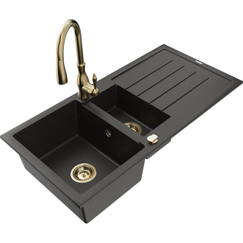 Granitsænke 1,5-kammer Mexen Andres med afløbsplade og Savita køkkenarmatur i sort/guld metalik, 1 sæt