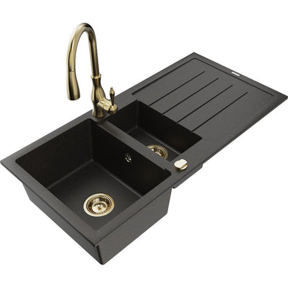 Granitsænke 1,5-kammer Mexen Andres med afløbsplade og Savita køkkenarmatur i sort/guld metalik, 1 sæt