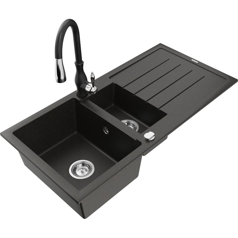 Granitsænke 1,5-kammer Mexen Andres med afløbsplade og Savita køkkenarmatur i sort/guld metalik, 1 sæt