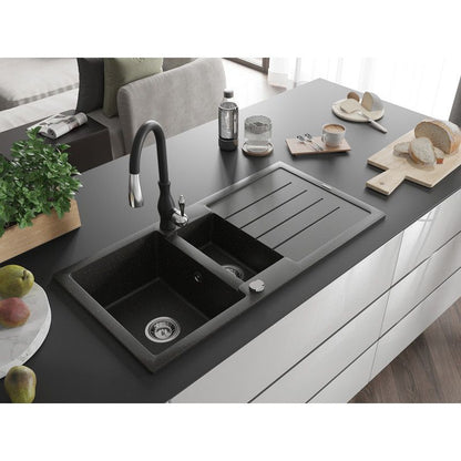 Granitsænke 1,5-kammer Mexen Andres med afløbsplade og Savita køkkenarmatur i sort/guld metalik, 1 sæt