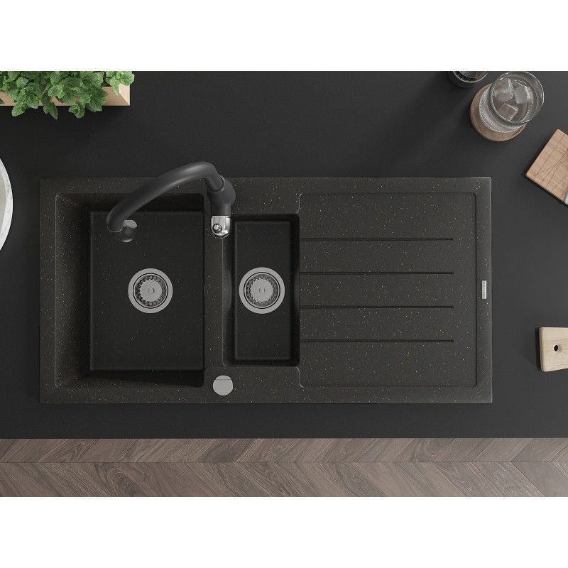 Granitsænke 1,5-kammer Mexen Andres med afløbsplade og Savita køkkenarmatur i sort/guld metalik, 1 sæt