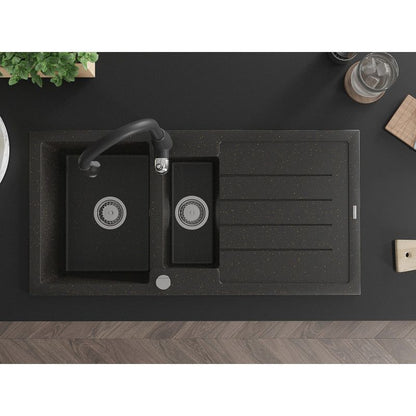 Granitsænke 1,5-kammer Mexen Andres med afløbsplade og Savita køkkenarmatur i sort/guld metalik, 1 sæt