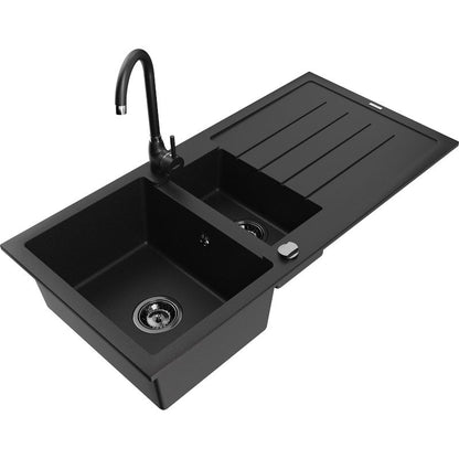 Granitsænke Mexen Andres 1,5-kammer med afløbsplade og Telma køkkenarmatur i sort, 1 sæt