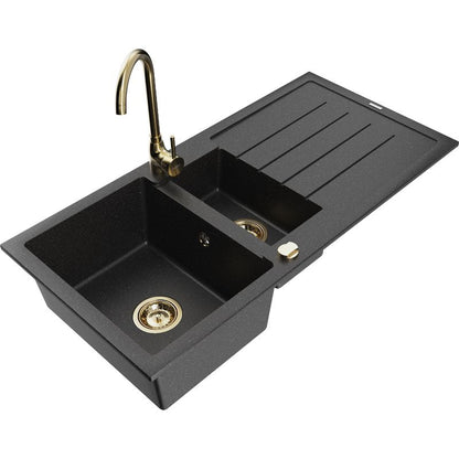 Mexen Andres granitsænke 1,5-kammer med afløbsplade og Telma køkkenarmatur i sort/sølv, 1 sæt