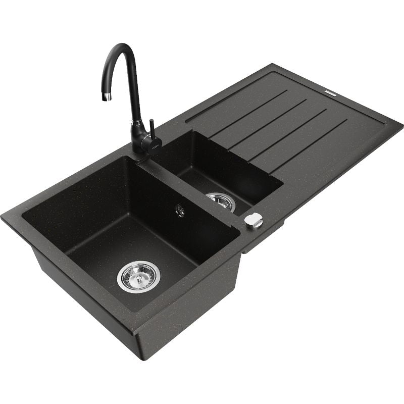 Granitsænke 1,5-kammers Mexen Andres med afløbsbakke og Telma køkkenarmatur i sort/guld, 1 sæt