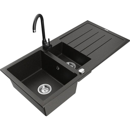 Granitsænke 1,5-kammers Mexen Andres med afløbsbakke og Telma køkkenarmatur i sort/guld, 1 sæt