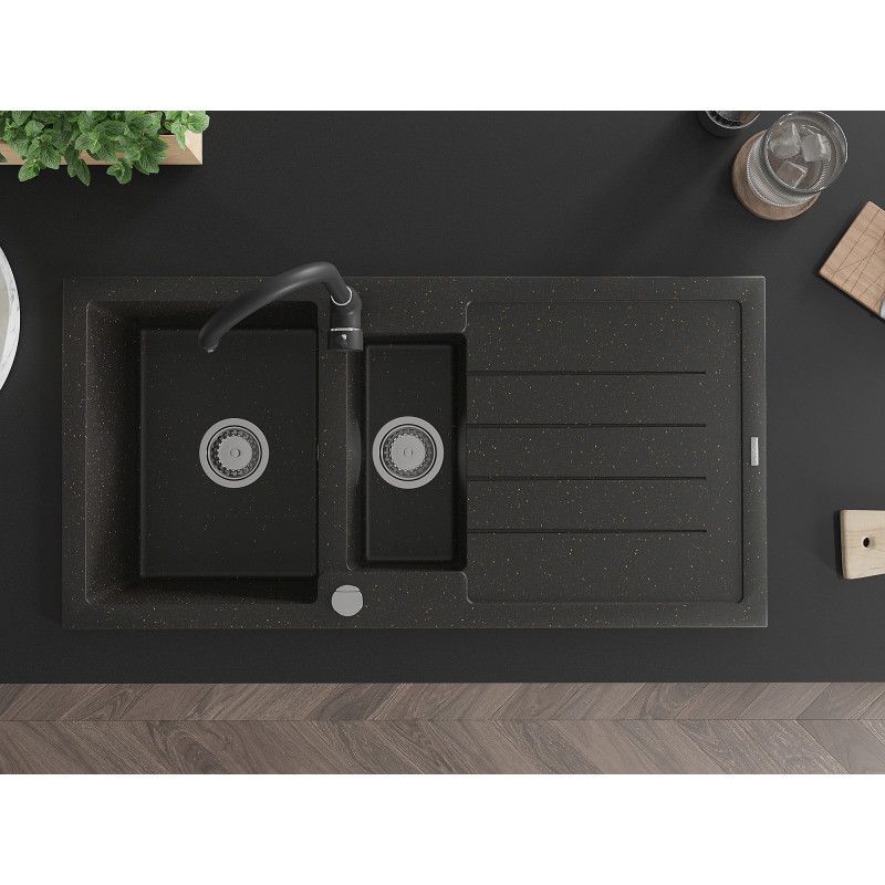 Granitsænke 1,5-kammers Mexen Andres med afløbsbakke og Telma køkkenarmatur i sort/guld, 1 sæt