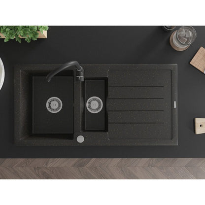 Granitsænke 1,5-kammers Mexen Andres med afløbsbakke og Telma køkkenarmatur i sort/guld, 1 sæt