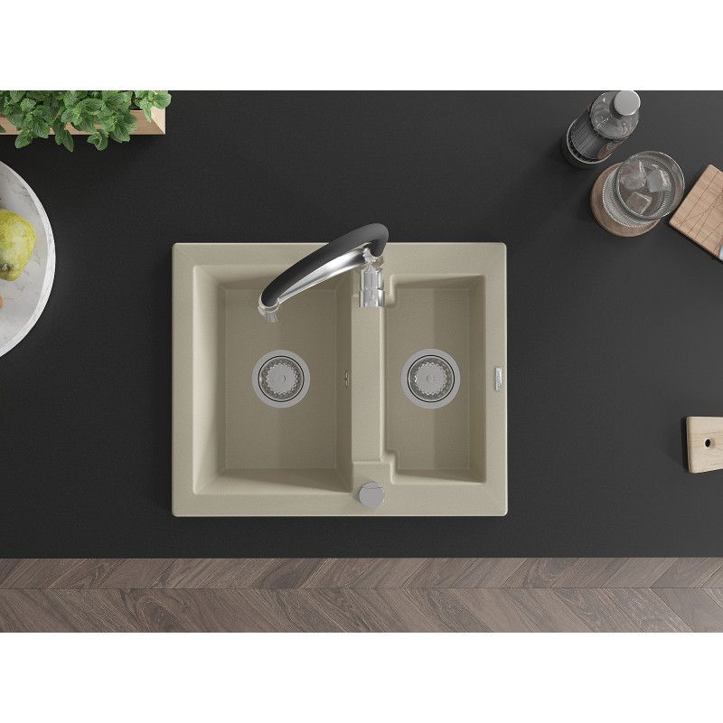 Granitsænke 1,5-kammer Mexen Carlos med Aster køkkenarmatur i beige, 1 sæt