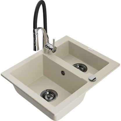 Granitsænke 1,5-kammer Mexen Carlos med Aster køkkenarmatur i beige, 1 sæt